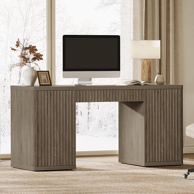 SICOTAS 61 Large Office Computer Desk with Storage Modern Home Office Desks with Drawer &amp Doors Fluted Desks Executive Desk Wooden Writing Table Vanity Table for Living Room Bedroom Grey Alder
