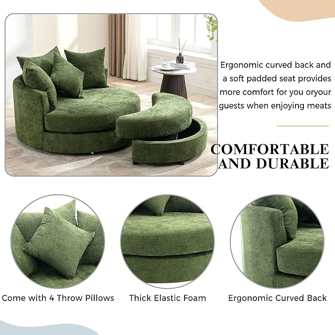 ERYE Oversized Round Accent Barrel Chair with Storage Ottoman and 360 Swivel Base Modern Chenille Upholstered Leisure Recliner Armchair for Living Room Bedroom