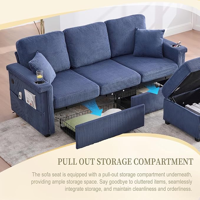 L-Shaped Sectional Sofa with Storage &amp Movable Ottoman Corduroy 3 Seater Sectional Couch with USB Charging Cup Holder &amp LED Light Couches for Living Room (Navy 76.38)