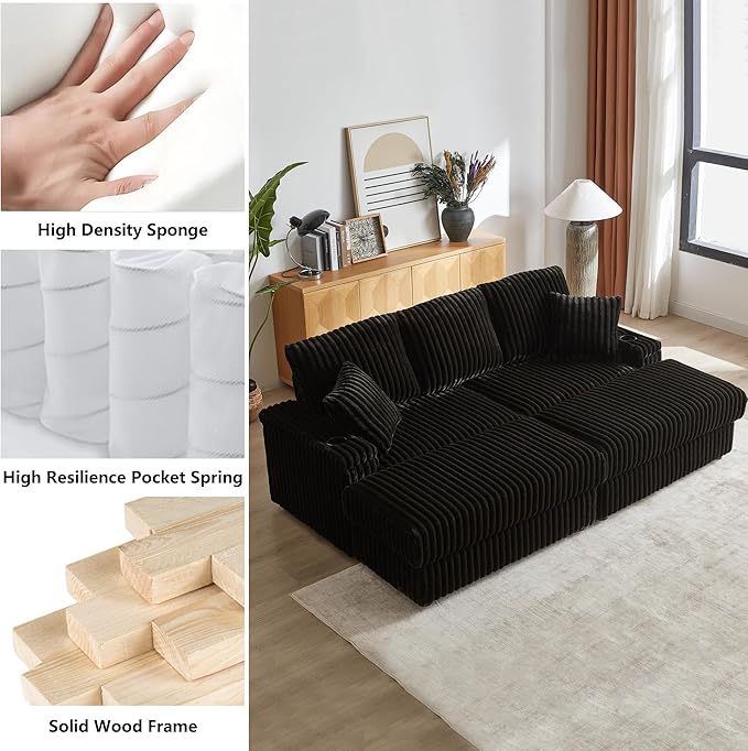 Aoowow 84 Corduroy Oversized 3-seater sofa with 2 Ottomans Modular Sectional Deep Seat Sofa with Back and Toss Pillows Modern Comfy Sofa with 2 Storage Spaces and Cup Grooves for Living Room Black