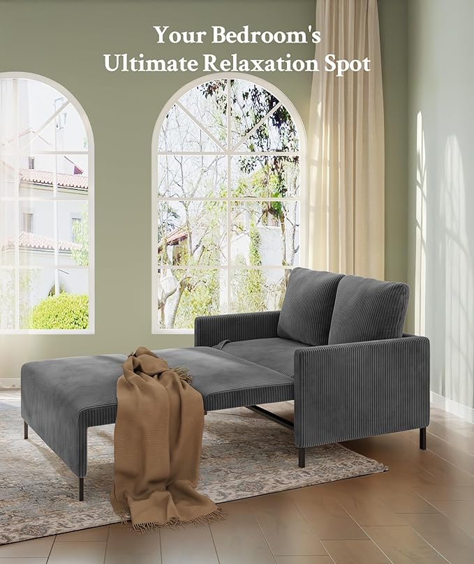47.2 Convertible Sofa Bed Couch Comfy Corduroy Couch Bed All in 1 Loveseat Sleeper Sofa Love Seat Sleeper Bed with 2 Pillows Modern Couches for Living Room/Apartment/Home/Office Grey