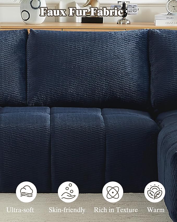 112 Boneless Cloud Modular Sectional Couch for Living Room Left Chaise L Shaped Sofa with Chaise | Faux Fur Fabric | Compressed Foam Sofa for Living Room | No Assembly (Dark Blue-Faux Fur Fabric)