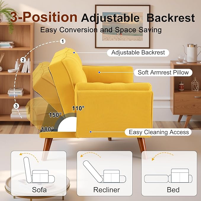 Convertible Futon Sofa Bed Sleeper Couch Bed with Adjustable Backrests Linen 3 Seater Small Couches for Small Spaces Living Room Bedroom(Yellow 75)
