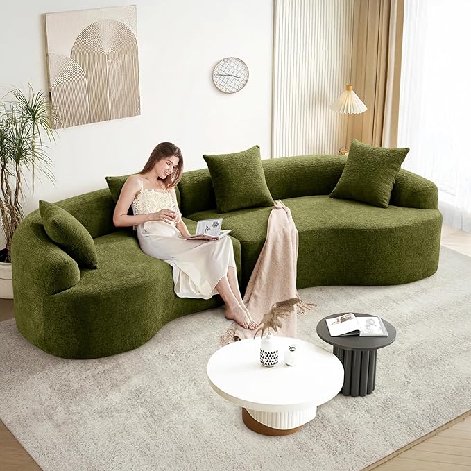 110 Curved Sectional Sofa for Living Room Modern Oversized Plush Chenille Cloud Round Deep Seat Compressed Boneless Couch with 4 Throw Pillows for Apartment No Assembly Needed Green