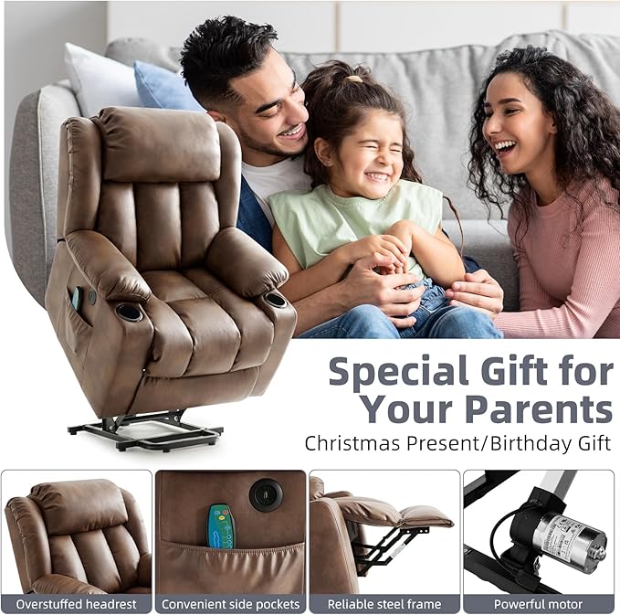 Power Lift Recliner Chair for Elderly Electric Recliner Chairs for Adults with Massage and Heat Cup Holders Remote Control USB Ports Side Pockets Leather (Ochre)