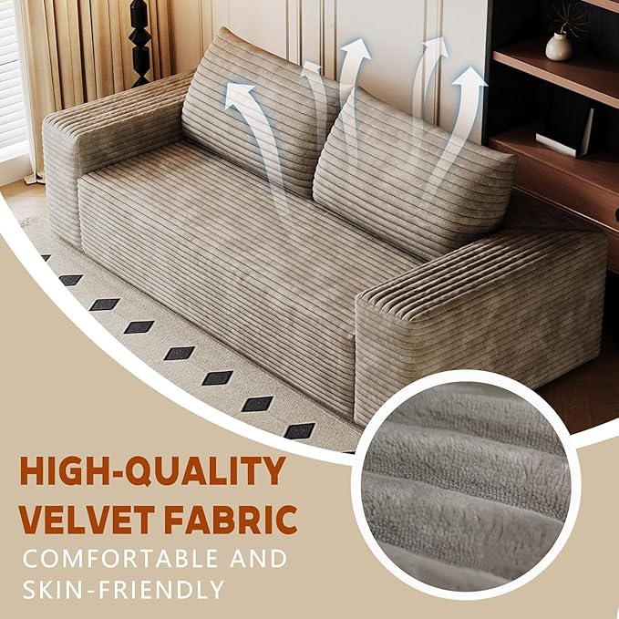 63 Cloud Loveseat Sofa - Boneless Deep Seat 2-Seater No Assembly Foam Floor Couch Plush Corduroy Fabric Modern Living Room Sofa for Small Space Apartment Bedroom Office (Camel) | Boneless Sofa