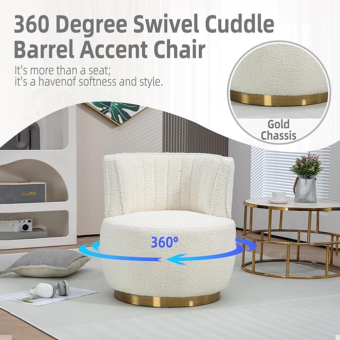 KEIKI Swivel Barrel Accent Chair 360 Degree Rotating Upholstered Armchair with Velvet Fabric for Living Room Office Bedroom Cream