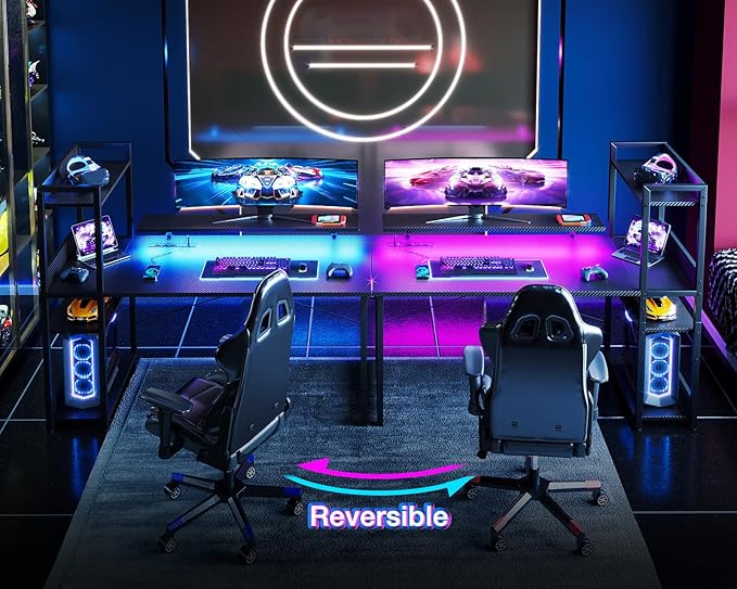 ODK Reversible Gaming Desk with Power Outlets and LED Lights 48 Inch Computer Desk with Storage Shelves and Monitor Stand Modern Writing Study Desk for Home Office Carbon Fiber Black