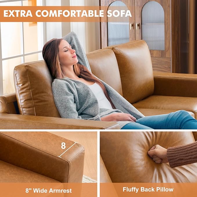 ELUCHANG 85 Luxury 3 Seater Sofa Couch for Living Room Modern Upholstered Faux Leather Sofas Couches with Extra Deep Seats&ampRemovable Cover Comfy Sofa Couch for Apartment Lounge Brown 2PCS