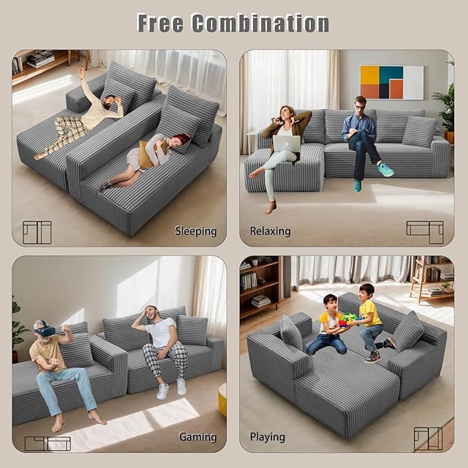 MEISIMAN 106'' Boneless Couch Cloud Couch - L Shaped Couch with Chaise Plush Corduroy Couch &amp Memory Foam Couch Modular Sectional Sofa Grey Couch for Living Room (Left Facing Chaise)