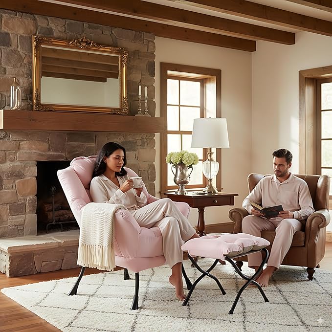 LITA Lazy Chair with Ottoman Modern Accent Leisure Upholstered Sofa Contemporary Lounge Reading Chair with Armrests and a Side Pocket for Living Room Bedroom &amp Small Space Pink