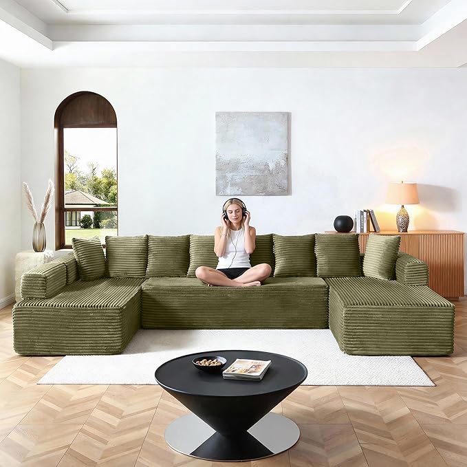 Oversized Cloud Boneless Couch with Chaise 145 Modern U Shape Modular Deep Seat Sectional Sofa Comfy Corduroy Upholstered Couches for Living Room No Assembly Required Green