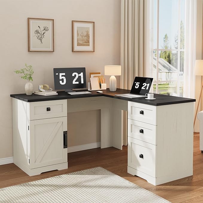 60 L Shaped Executive Desk Farmhouse Style Home Office Corner Computer Desk with File Drawers and Adjustable Side Storage Cabinet Black