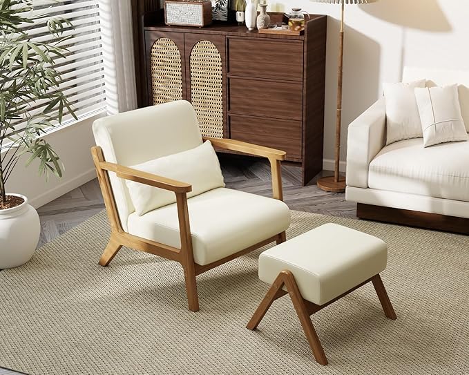 Modern Accent Chair and Ottoman Set Mid-Century Faux Leather Upholstered Lounge Armchair with Solid Wood Frame &amp Comfortable Cushion for Living Room Bedroom Balcony Beige