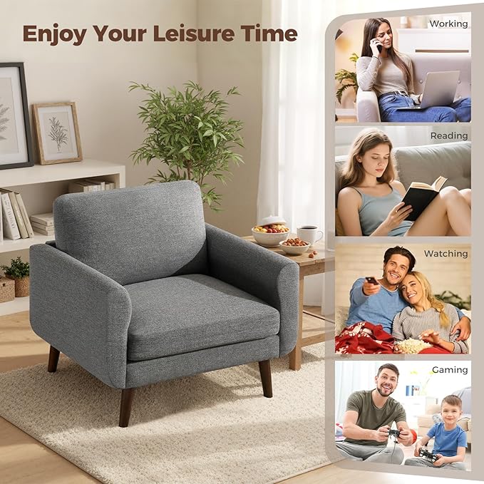 Oversized Accent Chair for Living Room 37 Mid-Century Modern Comfy Reading Chair Linen Fabric Solid Wood Frame Armchair Upholstered Grey Accent Chairs for Adults Living Room Chairs