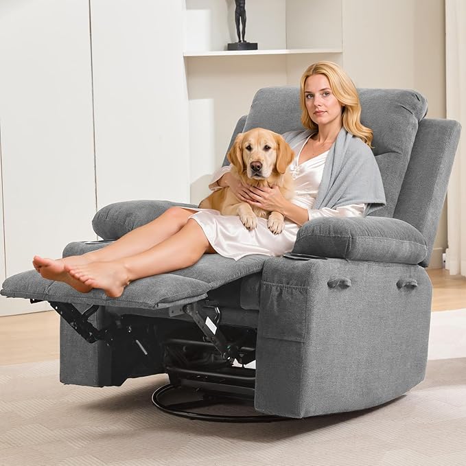 Recliner Chair Nursery Manual Rocking Recliner with 360 Swivel Cup Holder Massage and Heating Compact Single Sofa Chair for Adults Living Room Bedroom