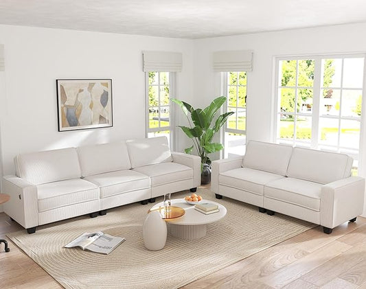 Bonzy Home 2 Pieces Couch Set 3-Seater Couch and Loveseat Sets Modern Corduroy Sofa with Thickened Cushion and USB Type C Dual Charging Ports for Living Room White