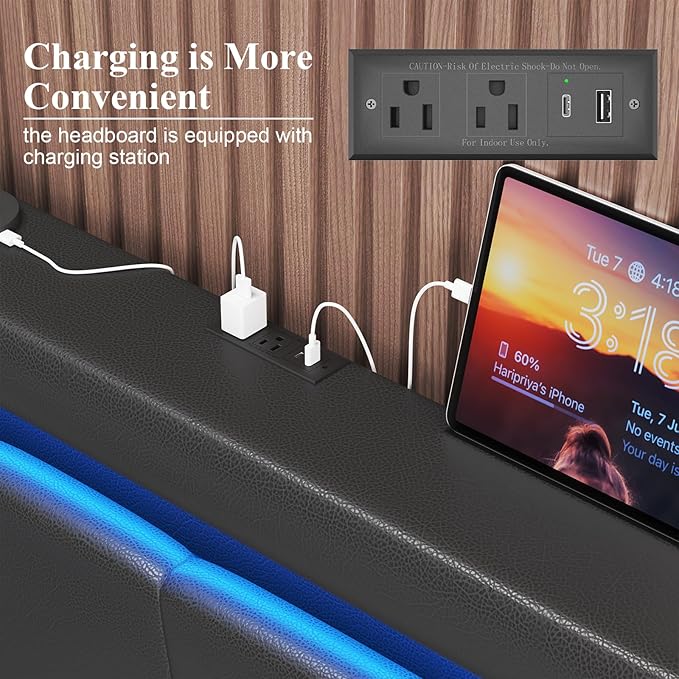 Queen Size Bed Frame with 4 Storage Drawers and LED Lights Upholstered Platform Bed with Adjustable Headboard and Charging Station Metal Slats Support No Box Spring NeededEasy Assembly Black
