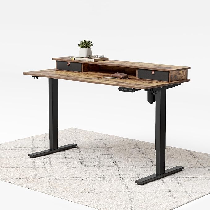 FEZIBO 55 x 24 Inch Whole-Piece Height Adjustable Standing Desk with Double Drawers Sit Stand Desk Stand Up Table (Send Two Packages) Rustic Brown Top