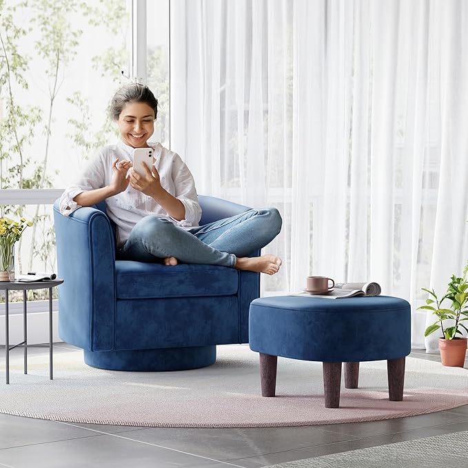LINSY Swivel Accent Chair with Ottoman: Small Velvet Barrel Chair 360 Swivel Modern Armchair Upholstered Reading Chair with Footrest for Living Room Bedroom Study Room (Blue)