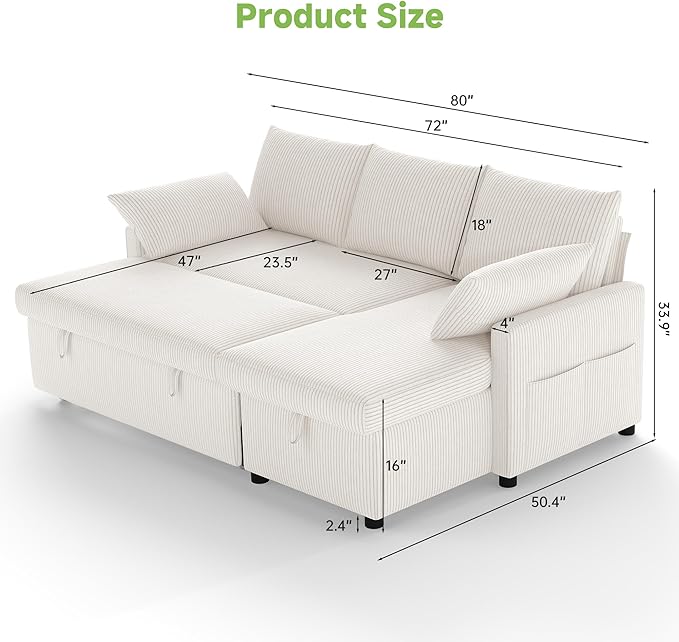 Real Relax 80'' Sofa Bed L Shaped Corduroy Sleeper Sofa Couch with Pull Out Bed and Chaise Storage for Living Room Apartment and Office Beige