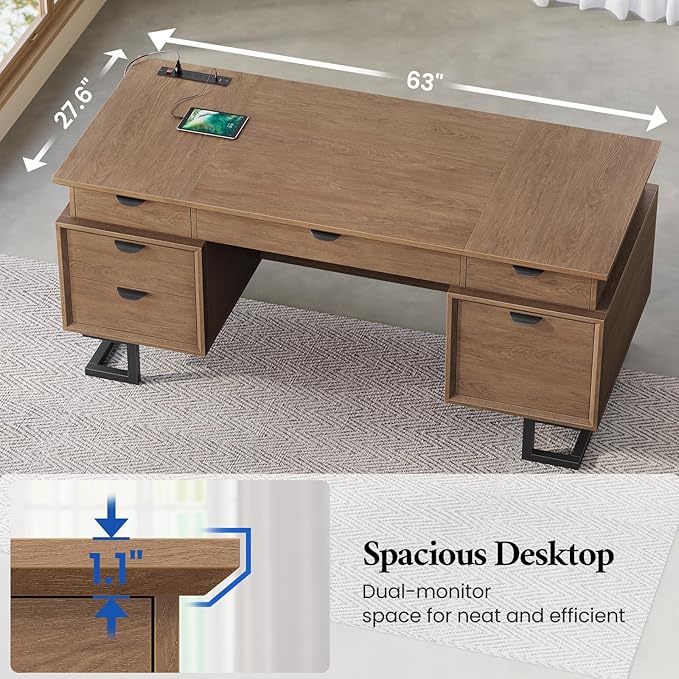 63 Executive Desk with Charging Station Large Home Office Desks with 6 Drawers and 2 Storage Cabinets File Drawer Keyboard Tray Privacy Panel Desk Grommet U-Shaped Metal Legs for Work and Study