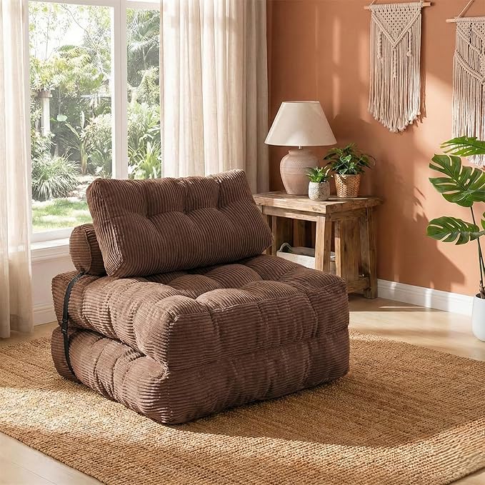 Folding Sofa Bed Convertible Sleeper Chair with Pillow Foldable Mattress with Back Support Portable Fold Out Chair Bed Comfy Floor Sofa Lounge for Living Room Bedroom Single (Coffee)