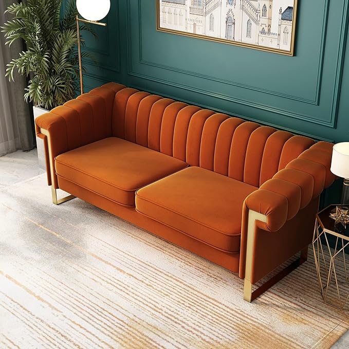 83'' Orange Velvet Couch Sofa Mid-Century Modern Love Seat Chesterfield 3 Seat Couches Sofa for Living Room Apartment (Orange)