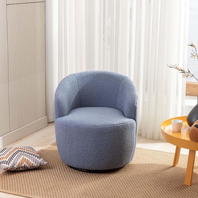 Swivel Barrel Chair with Foam FilledSwivel Accent ChairComfy Backrest Teddy Round Swivel Chair for Living Room (Light Blue)