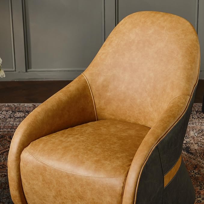 Two-Tone Leather Swivel Barrel Chair Accent Chair with Solid Wood Frame No Assembly for Living Room or Office (Camel)