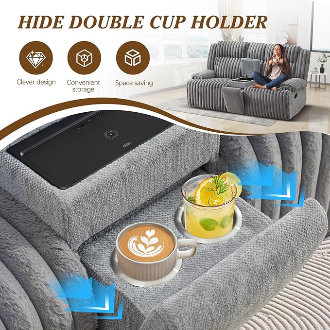 Oversized Reclining Loveseat with Hidden Cup Holders &amp Wireless Charger Manual Double Recliner Sofa Wall Hugger Loveseat Recliner with USB Ports for Living Room (Gray Loveseat)