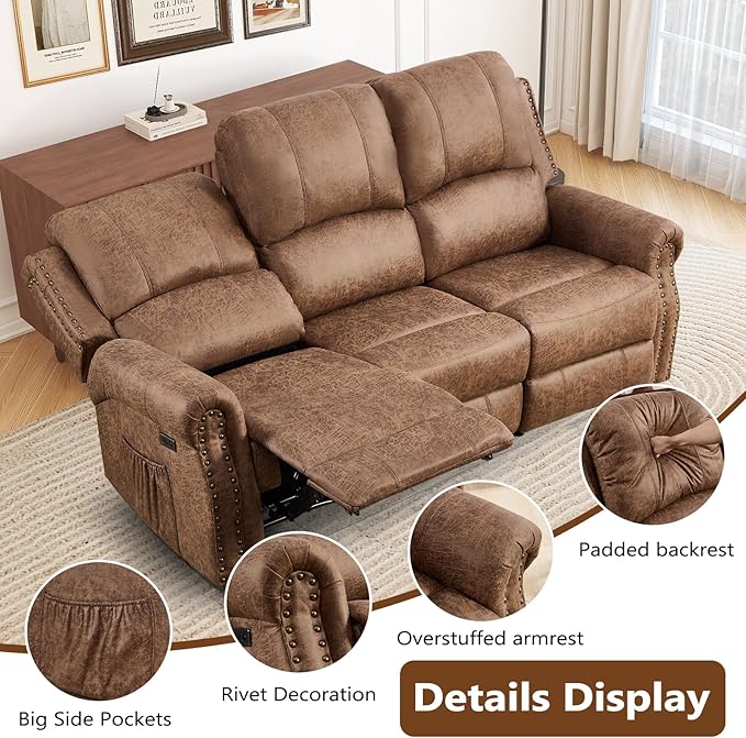 85 Wide Power Reclining Sofa with Side Pockets 3-Seater Electric Recliner Sofa Chair with Overstuffed Backrest Faux Leather Couch Furniture with Rivets for Living Room Brown