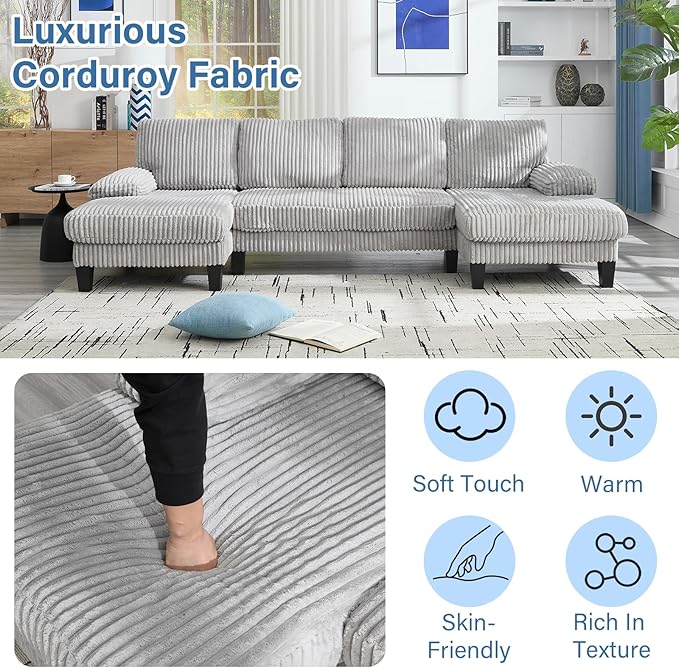 114 Sectional Couches for Living Room Corduroy Deep Seat Cloud Couch Double Chaise U Shaped Sofa Light Gray