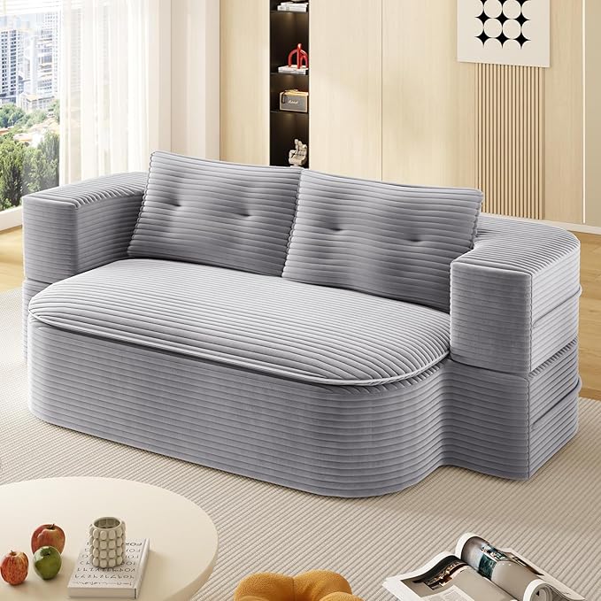 78.7 Convertible Sleeper Sofa Bed Floor Couch Loveseat with Functional Blanket and 2 Soft PillowsCorduroy Fabric Boneless Futon Couch for Living RoomBedroomApartment (Light Grey)