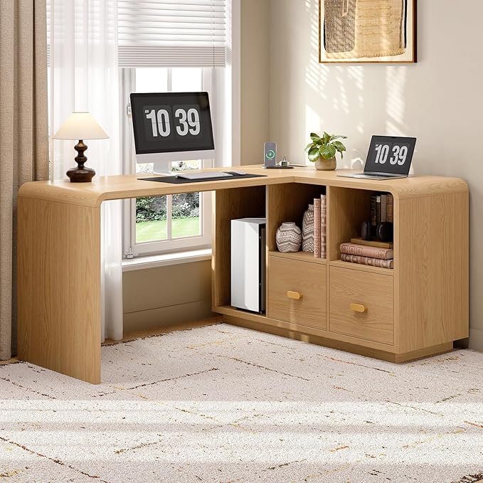 ONBRILL 58 Executive L Shaped Desk Home Office Desk with File Drawers Computer Desk with Power Outlets and Storage Shelves Corner Computer for Home Office (Natural Oak)