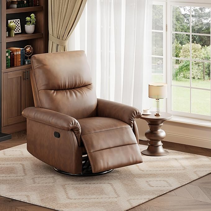 IDEALHOUSE Manual Recliner Chair 360° Swivel Rocker Glider Recliner with Padded Armrests Modern PU Leather Upholstered Reclining Chair for Living Room Bedroom and Nursery (Orange)