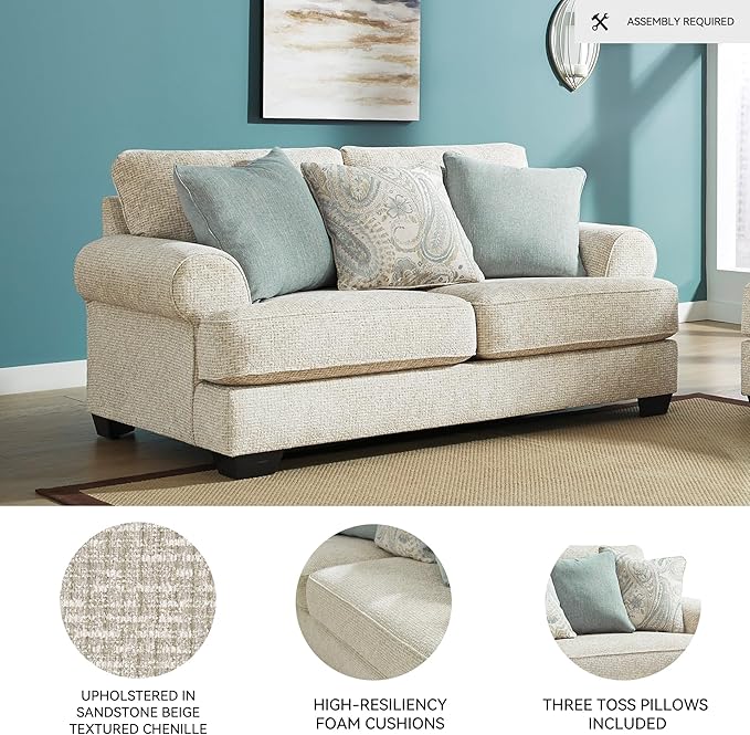 Signature Design by Ashley Monaghan Vintage Loveseat with Accent Pillows Reversible Cushions and Rolled Arms Beige