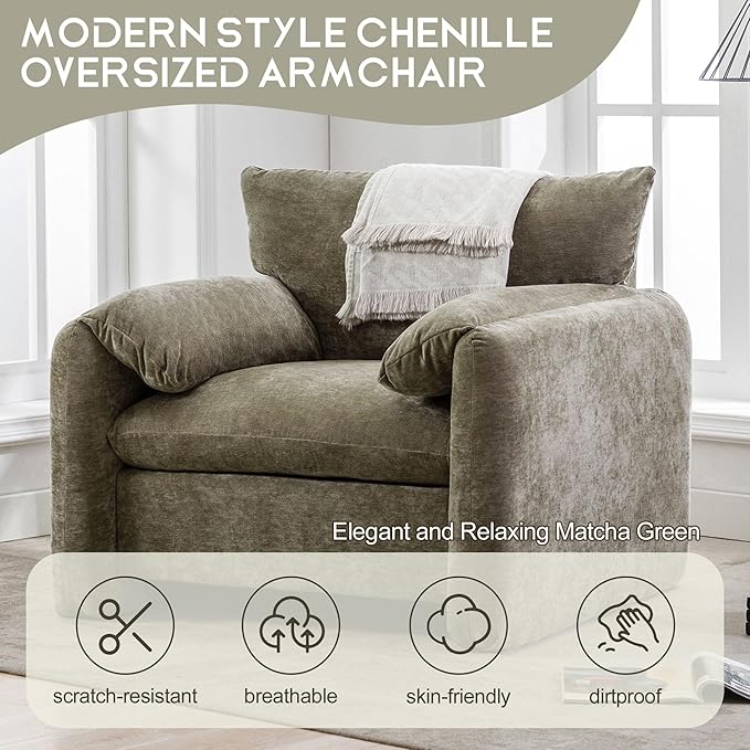Lifeand 38.6 W Modern Style Chenille Oversized Armchair Accent Chair Single Sofa for Living Room BedroomGreen