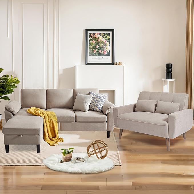 Convertible Sectional Sofa Modern 3 Seater Sofa and Loveseat Set with Storage Ottoman L Shaped Couch with Reversible Chaise 2 Piece Sofa Set for Living Room Apartment Beige
