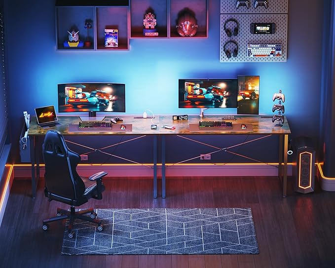 KKL Small Desk with Power Outlets and USB Port Computer Desk for Home Office Gaming Simple Modern Style Writing Desks with Storage Bag Headphone Hook 48 inch Rustic Brown