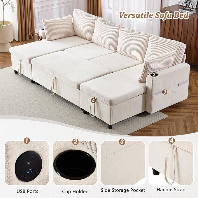 Merax Pull-Out Sofa Bed Sleeper Pull Out Sectional Couch with Storage USB Cup Holder for Apartment Living Room Beige
