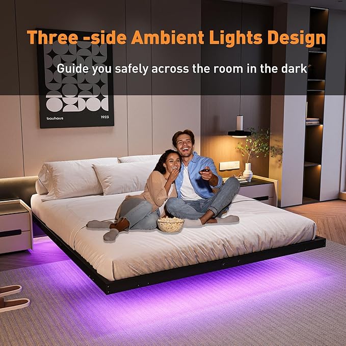 Floating Bed Frame with LED Lights and Charging Station 10 Inch King Size Floating Bed Frame King Platform Bed Frame No Box Spring Needed Easy to Assemble