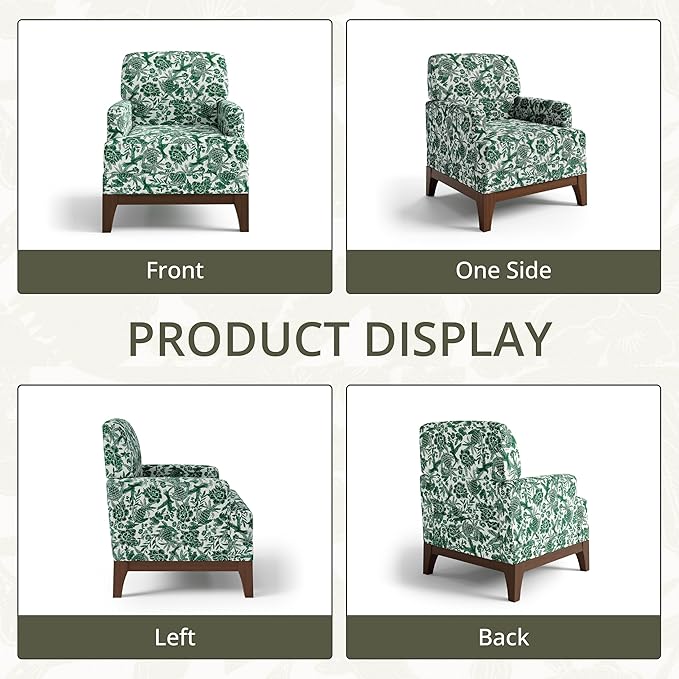 Floral Accent Chair Set of 2 Upholstered Armchair with Solid Legs Comfy Reading Single Sofa with Spring-Padded Cushion for Bedroom Green