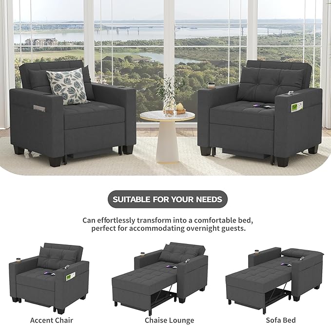 DURASPACE 36.6 Futon Chair Bed Convertible Chair 3-in-1 Pull Out Sleeper Reading Chair Beds with USB Armchair Sleeper Bed for Living Room Dorm Small Space (Dark Gray Linen)