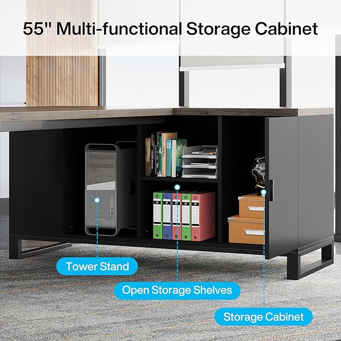 Tribesigns 70.8 Executive Desk with 55 File Cabinet Industrial L Shaped Computer Desk with Storage Shelves and Cabinet Large L Shaped Executive Desk for Home Office Retro Gray &amp Black