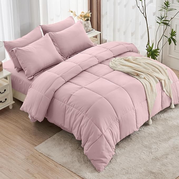 JOLLYVOGUE Queen Comforter Set Ultra-Soft Bed in a Bag Queen Size 7 Pieces Oeko-TEX Certified Bedding Set with Down Alternative Comforter Sheets Pillowcases &amp Shams Camio Pink