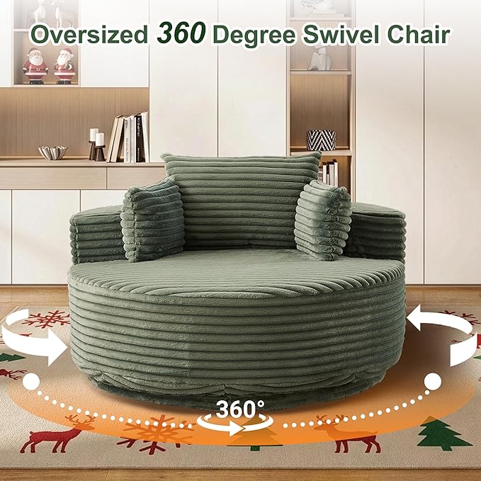 55 Oversized 360 Degree Swivel Chair Modern Round Chair Lounge Upholstered Corduroy Swivel Accent Chair with Deep Seat Comfy Fluffy Sleeper Sofa for Living Room Bedroom Apartment (Green)