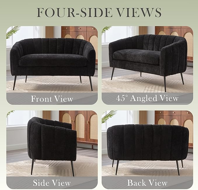 Aoiy &amp Wifon 50.2'' W Upholstered Loveseat Sofa Boucle 2-Seat Settee Loveseat with Metal Legs Upholstered Small Accent Couch for Small Spaces Raindrop Velvet Chenille Fabric Black