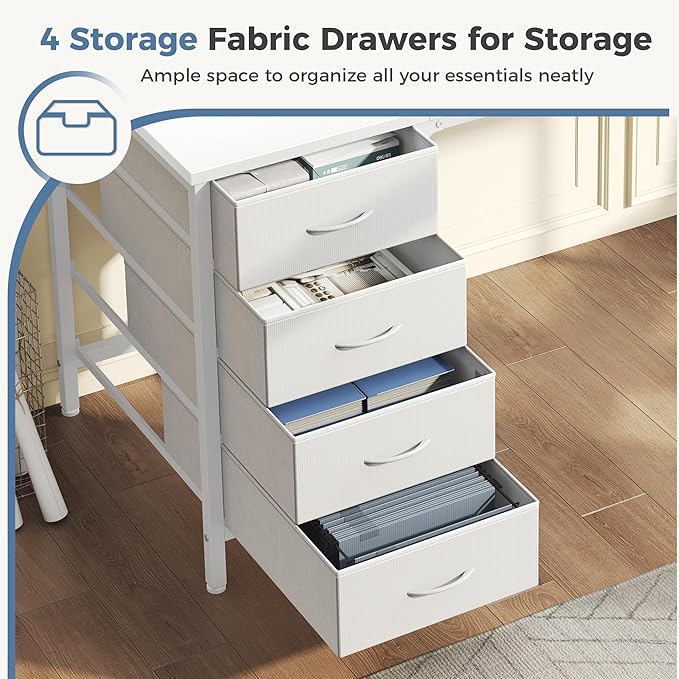 DUMOS 47 Inch Computer Desk with 4 Drawers4 Drawer Gaming Desk with with Power Outlets and LED LightsOffice Desk for Small Spaces with Monitor ShelfWriting Desk for Home OfficeBedroom StudyWhite
