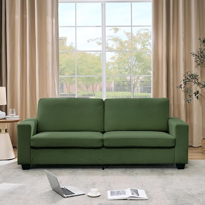 Modern Loveseat Sofa Couches for Living Room 83 Boneless Comfy Corduroy Sofa for Apartment Bedroom or Office Soft Upholstered Couch Compact Spaces Deep Seats Wood Frame Removable Cover Green